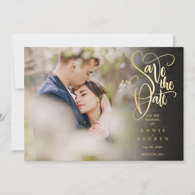 Reserve A Data Salve a Data Elegante Script Dourado Foto (Frente)