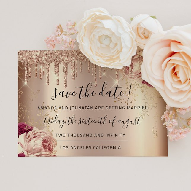Reserve A Data Salve A Data Florais Rosa Dourado Dobras Marsala (Save The Date Florals Rose Gold Drips Marsala)
