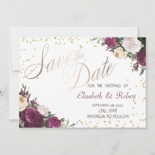 Reserve A Data Salve a Data Floral Burgundy Diamantes Dourados