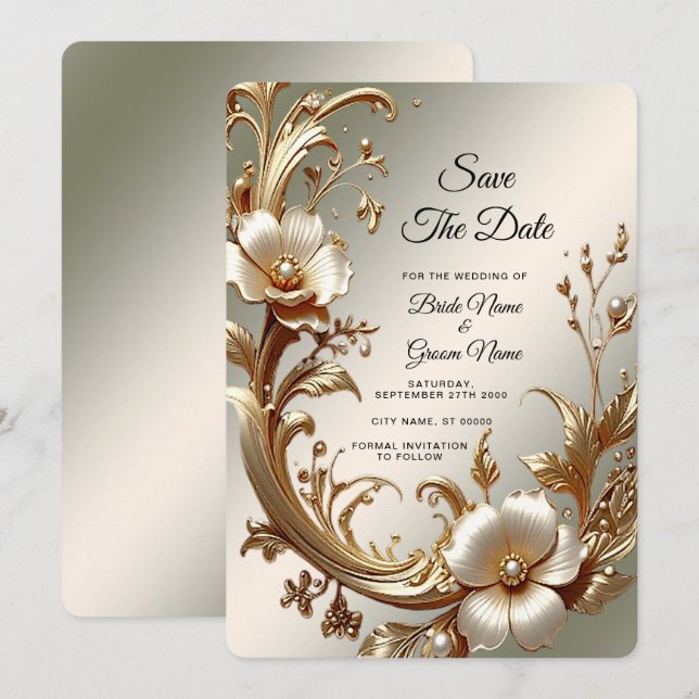 Reserve A Data Salve a Data Floral Dourado (Frente/Verso)