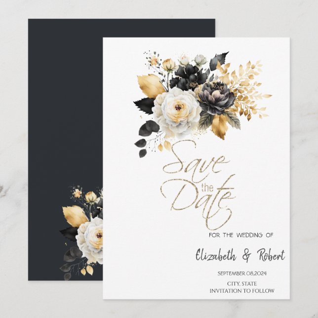 Reserve A Data Salve a Data Flores Douradas Pretas e Brancas (Frente/Verso)