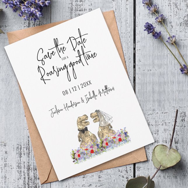 Reserve A Data Salve a Data para um Divertido Casamento de Dinoss (Save the date for a roaring good time dinosaur wedding invitation Watercolor wildflower floral)