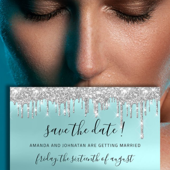 Reserve A Data Salve a Data Prateado Cinza Azul Faíscas Gotejamen (Save The Date Silver Gray Blue Spark Drips Aqua)