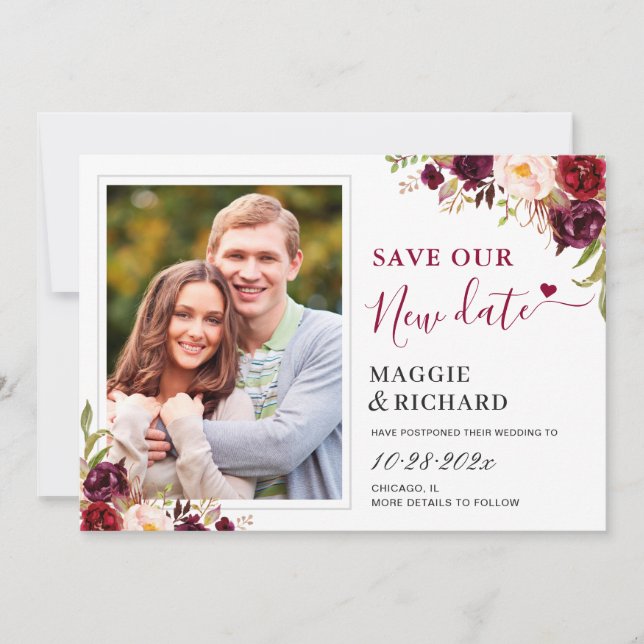 Reserve A Data Salve A Nova Data Rustic Burgundy Foto Floral (Frente)