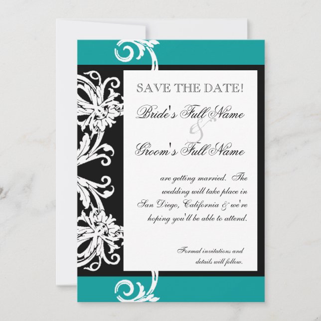 Reserve A Data Salve as datas - Black White Teal Heart Damask (Frente)
