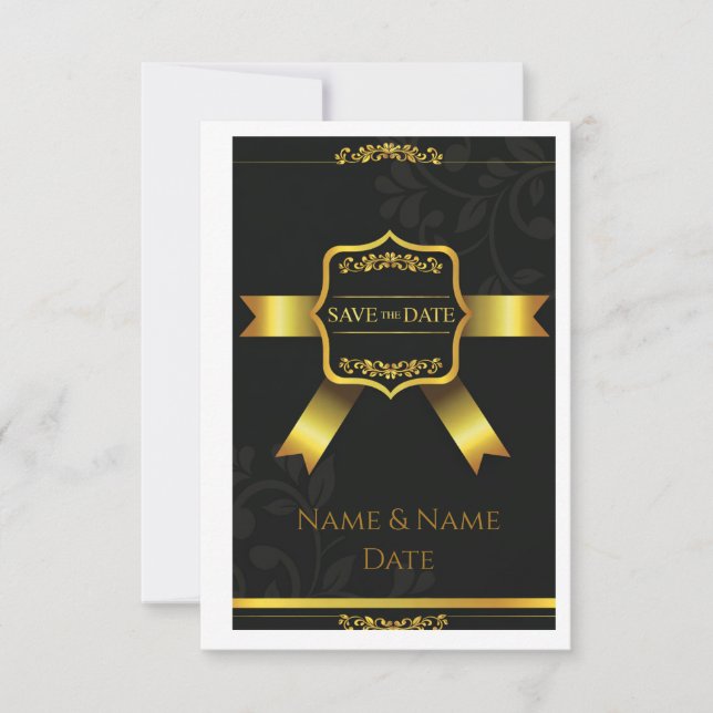 Reserve A Data Salve o Dia de Casamento Opulento em Preto Damask (Frente)