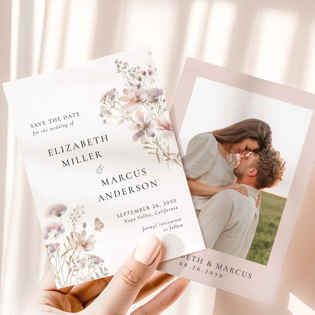 Reserve A Data Salve o Dia do Casamento com Flor Silvestre Boho J (Blush floral save the date card with couple photo and elegant typography wedding stationery)