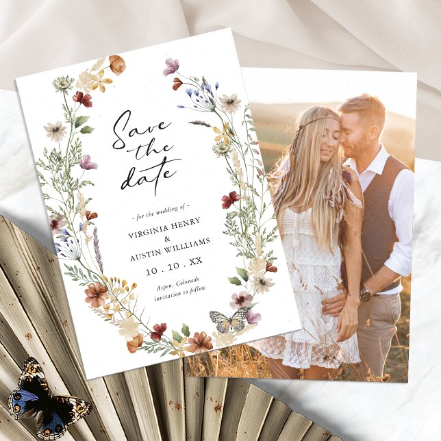 Reserve A Data Salve o Dia Floral Boho Branco (White Boho Floral Save The Date Card with Photo by Painted Paperie
)