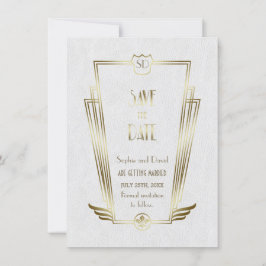 Reserve A Data Salve o Dia Monograma Art Déco Branco Dourado Real