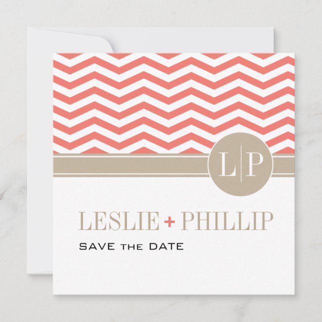Reserve A Data Salve o Dia Monograma Chevron Chic | coral (Frente)