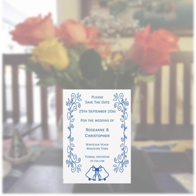 Reserve A Data Sapphire Weding The Date Bells Scrollwork (Blue sapphire wedding save the date bells and scrollwork design)