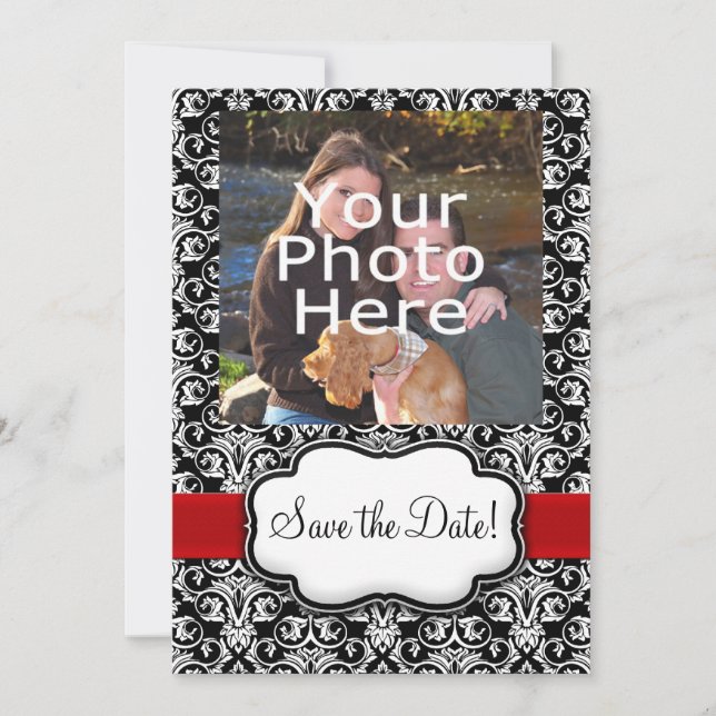 Reserve A Data Save the Date com Fita Damask Preto/Branco/Vermelh (Frente)