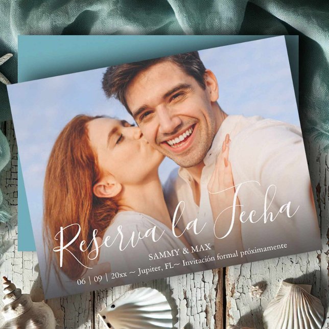 Reserve A Data Save the Date Moderno com Foto do Casal (Save the date in Spanish custom photo with turquoise back)