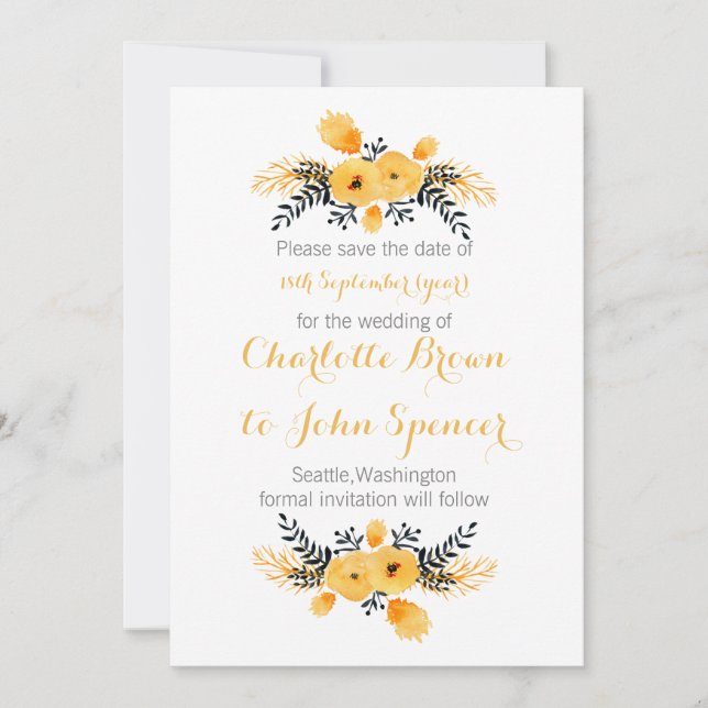 Reserve A Data save the dates florais em aquarela amarelo e cinza (Frente)