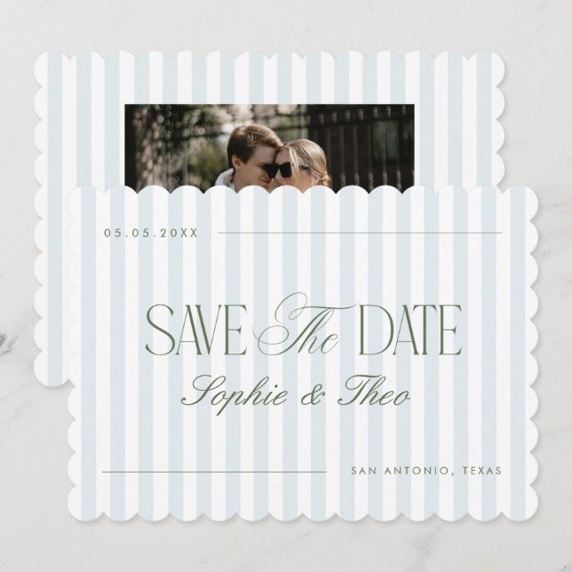 Reserve A Data Scalloped Coastal Blue Sage Green Stripes Wedding (Frente/Verso)