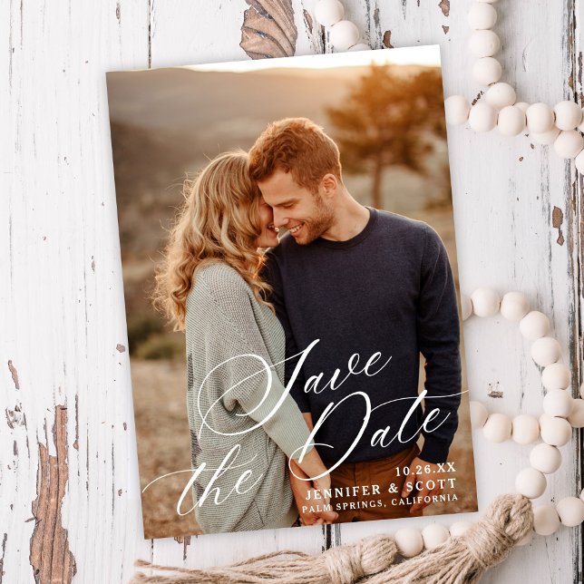 Reserve A Data Script branco elegante | Casamento Salvar A Data (Criador carregado)