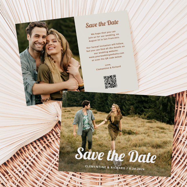 Reserve A Data Script de Boho | Duas Fotografias e Código QR (A trendy, retro save the date card with two photos and a scannable QR code)
