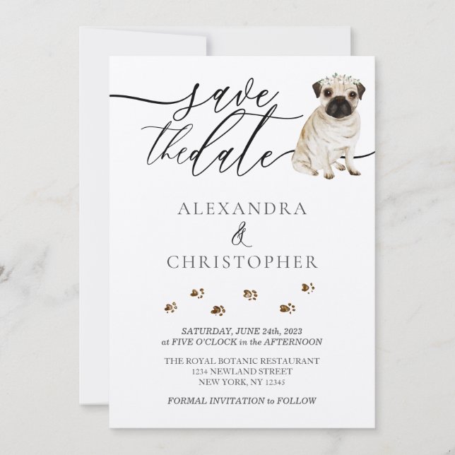 Reserve A Data script de caligrafia de casamento de filhote Pug (Frente)