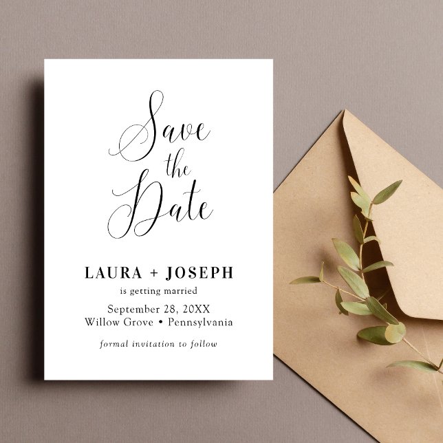 Reserve A Data Script de Caligrafia Minimalista Branco Personaliz (Personalized white minimalist calligraphy script save the date sets a romantic tone for your wedding)