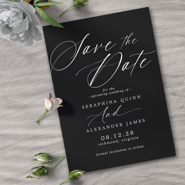 Reserve A Data Script Delicado | Casamento Moody Negro Moderno (Criador carregado)