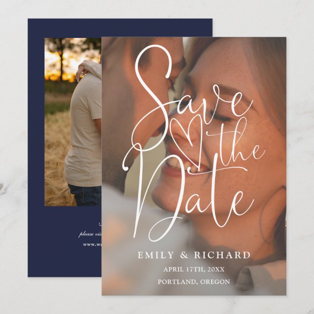 Reserve A Data Script Elegante de Foto do Casamento Azul do marin (Frente/Verso)