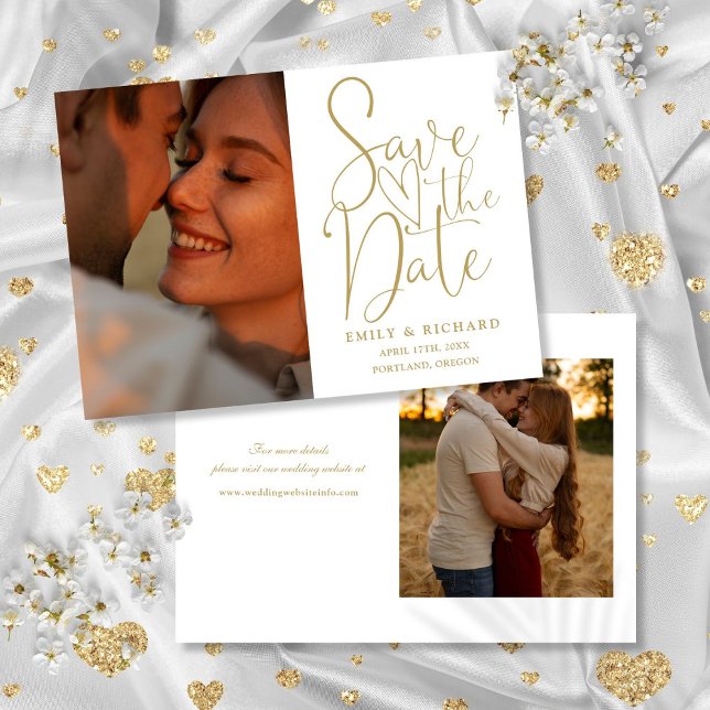 Reserve A Data Script Elegante de Foto do Casamento Dourado Chic  (Chic Gold Wedding 2 Photo Elegant Script Save The Date)