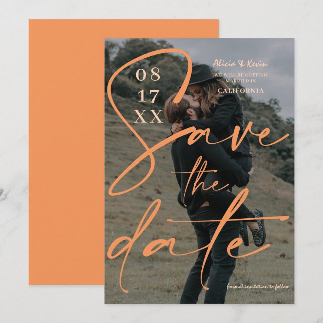 Reserve A Data Script em laranja preto moderno salva a foto de da (Frente/Verso)