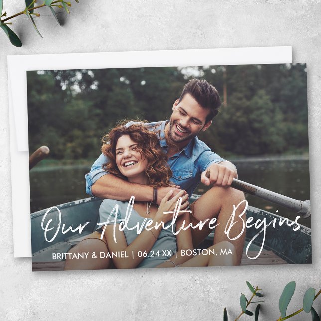 Reserve A Data Script Manuscrito Nossa Aventura Começa Foto (Customize to change your personalized text size, style or to add more text & photos to back of card.)