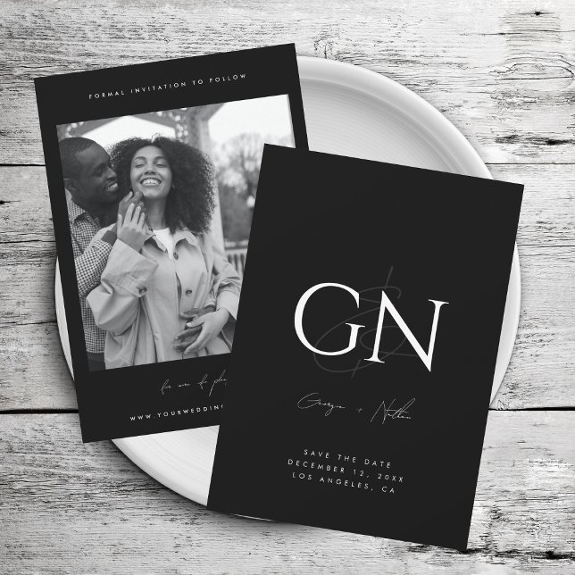 Reserve A Data Script Moderno de Foto Branco Preto do Monograma e (Criador carregado)