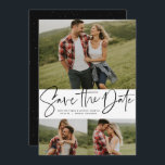 Reserve A Data Script moderno trendê três fotos preto e branco<br><div class="desc">Com três fotos e um roteiro moderno escrito "salve a data" em preto em um fundo branco, este cartão é a maneira perfeita de anunciar seu noivado e o próximo casamento para amigos e familiares. O texto negro é ousado e moderno, mas ainda sofisticado. O texto personalizável na frente tem...</div>