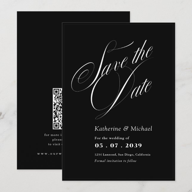 Reserve A Data Script Romântico Caligrafia Código QR Casamento (Frente/Verso)