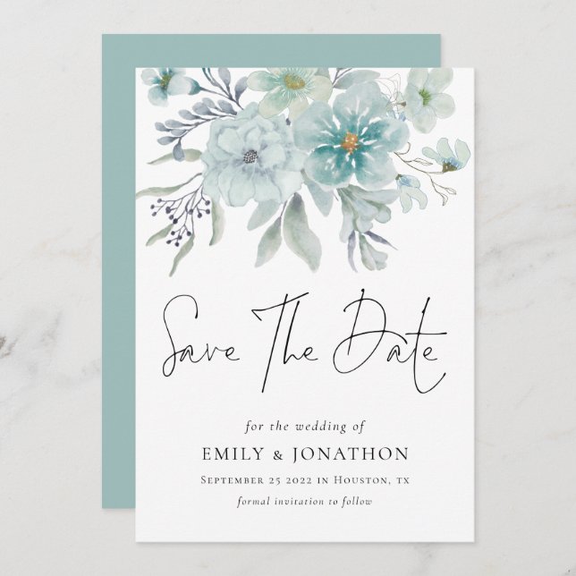 Reserve A Data Sea Mist Teal Florals Código QR Casamento (Frente/Verso)