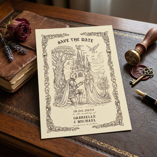 Reserve A Data Sepia Medieval Illustration Fairytale Wedding  (Criador carregado)