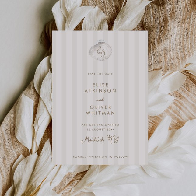 Reserve A Data Serene Shell Monogram Coastal Stripes Wedding (Criador carregado)