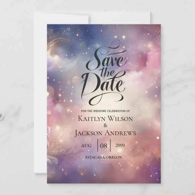 Reserve A Data Shimmering Celestial Stardust Skies Casamento (Frente)