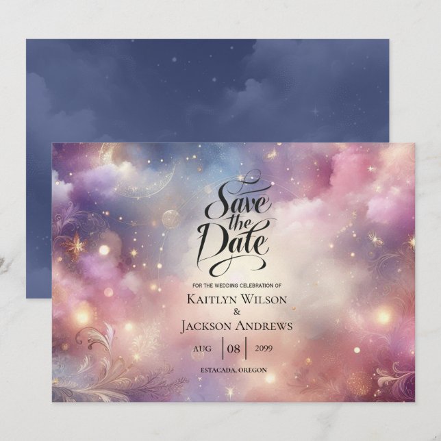 Reserve A Data Shimmering Celestial Stardust Skies Casamento (Frente/Verso)