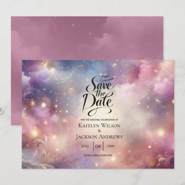 Reserve A Data Shimmering Celestial Stardust Skies Casamento (Frente/Verso)