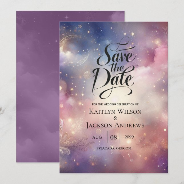 Reserve A Data Shimmering Celestial Stardust Skies Casamento (Frente/Verso)