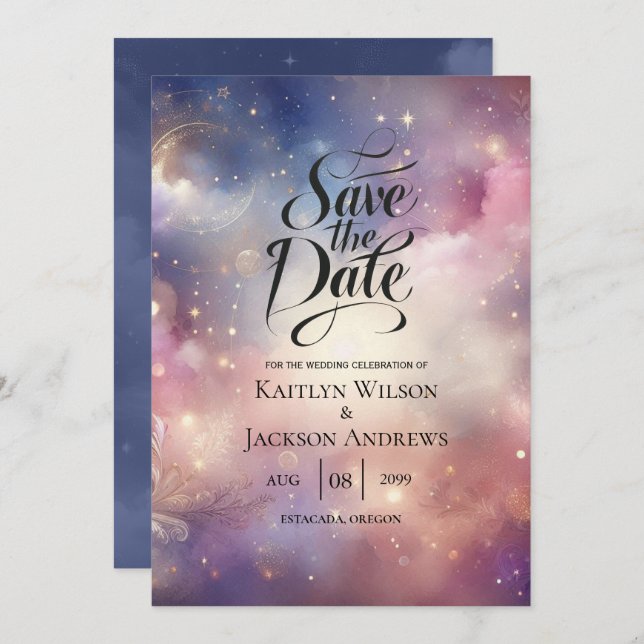 Reserve A Data Shimmering Celestial Stardust Skies Casamento (Frente/Verso)
