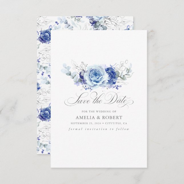 Reserve A Data Silver and Dusty Blue Floral Save the Date (Frente/Verso)