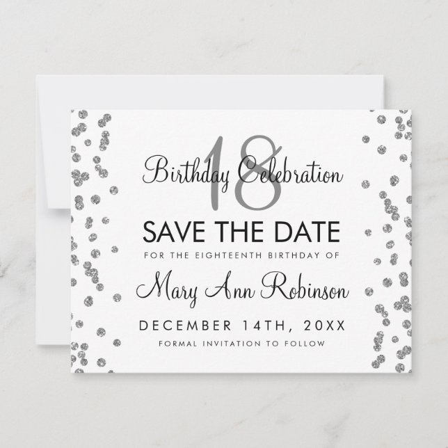 Reserve A Data Silver Birthday Salvar Data Glitter Confetti White (Frente)