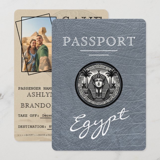 Reserve A Data Silver Egypt Passport Wedding Save the Date (Frente/Verso)