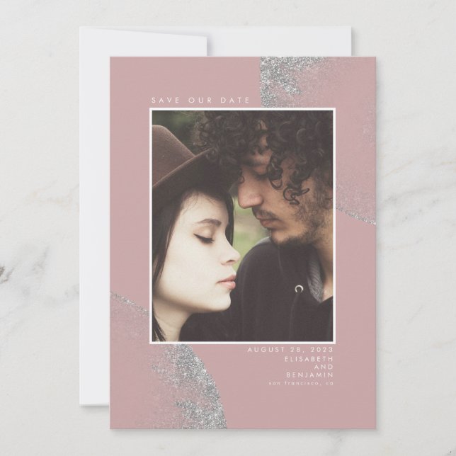 Reserve A Data Silver Glitter Dusty Pink Guarde a Foto de Data (Frente)