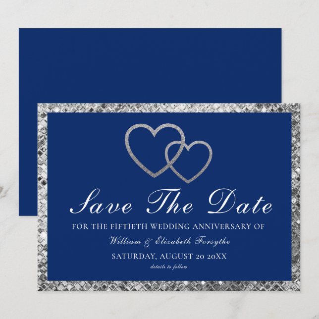 Reserve A Data Silver Hearts Blue do Aniversário do Casamento (Frente/Verso)