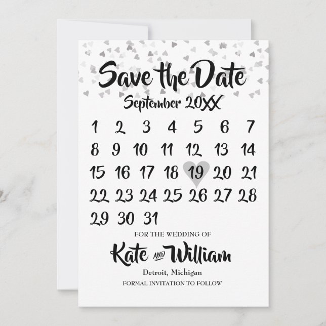 Reserve A Data Silver Love Heart Calendar Confetti Salvar a Data (Frente)