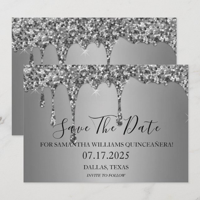 Reserve A Data Silver Sparkle Luxury Glitter Coloca Quinceanera (Frente/Verso)