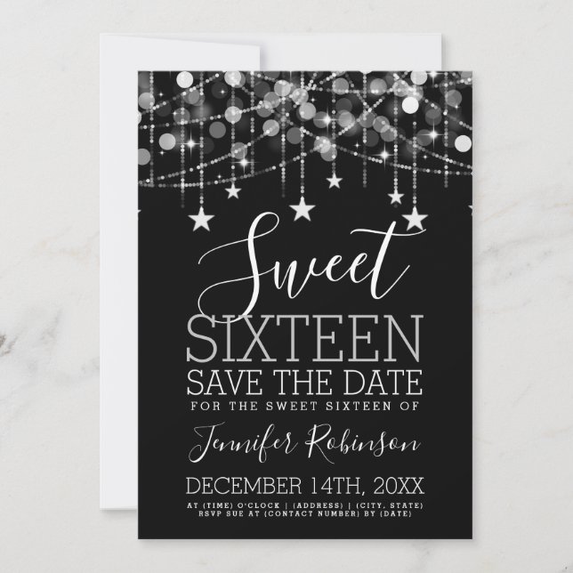 Reserve A Data Silver Sweet 16 Luzes de String Sparkly Data de Sa (Frente)