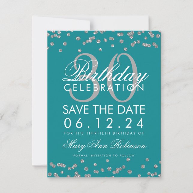 Reserve A Data Silver Teal Salve a Data Aniversário Confetti (Frente)