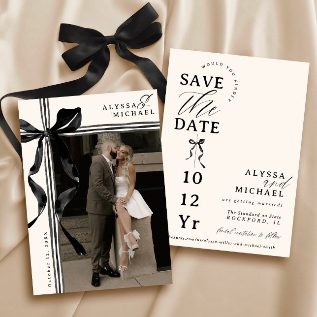 Reserve A Data Simple Black and Ivory Bow Elegant Photo Wedding (Elegant modern watercolor black and ivory coquette bow ribbon typography photo wedding save the date)