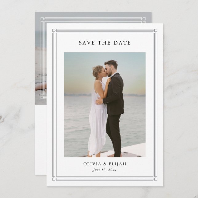 Reserve A Data Simple Classic Border 2 Photo Elegant Wedding (Frente/Verso)